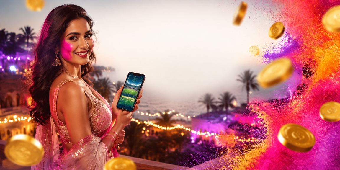 Mobile sports betting user at Goa beach enjoying Holi Festival